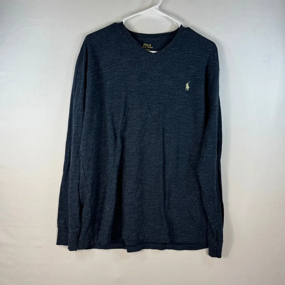 Polo Ralph Lauren Mens Classic Fit V-Neck Long Sleeve T-Shirt Navy Blue Medium